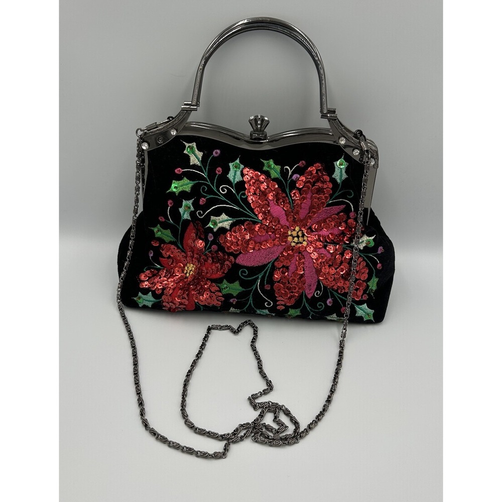 Vintage VENDULA‎ Purse Black Velvet Rhinestones Sequins Poinsettias